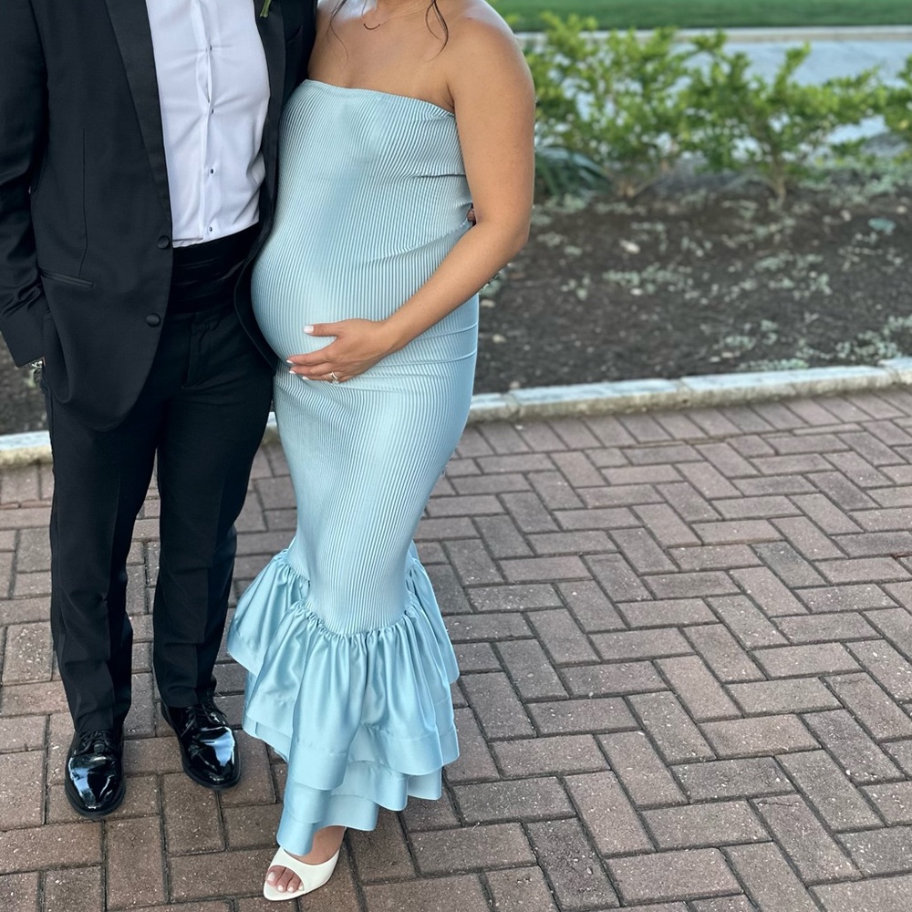 Blue Strapless Ruffled Gown for Wedding Guests